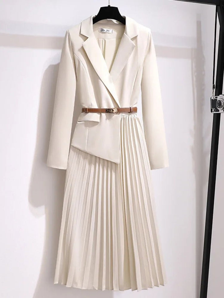 Midi Dress Belted Blazer Style Pleated - Beige