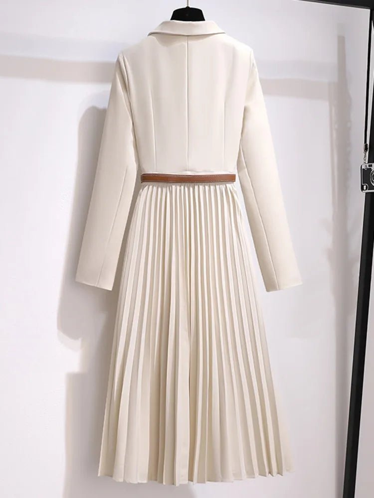 Midi Dress Belted Blazer Style Pleated