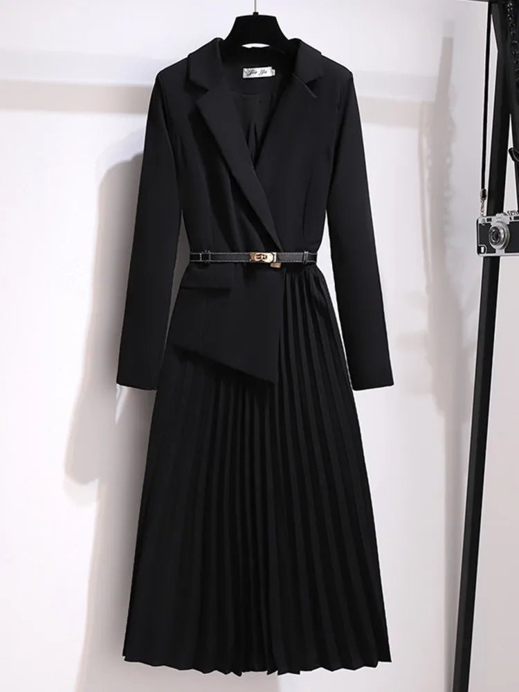Midi Dress Belted Blazer Style Pleated - Black