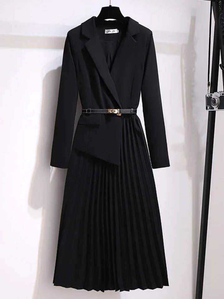 Midi Dress Belted Blazer Style Pleated - Black