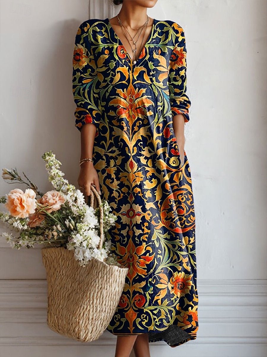 Midi Dress Cotton Baroque Floral V-Neck 3/4 Sleeve Bohemian