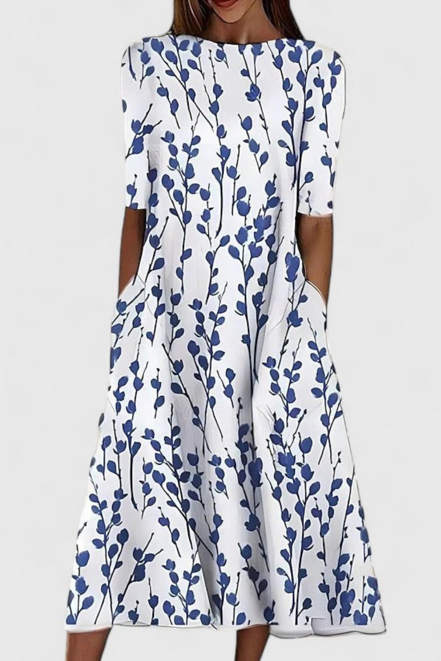 Midi Dress Cotton Round Neck Short Sleeve A-Line Pockets - White