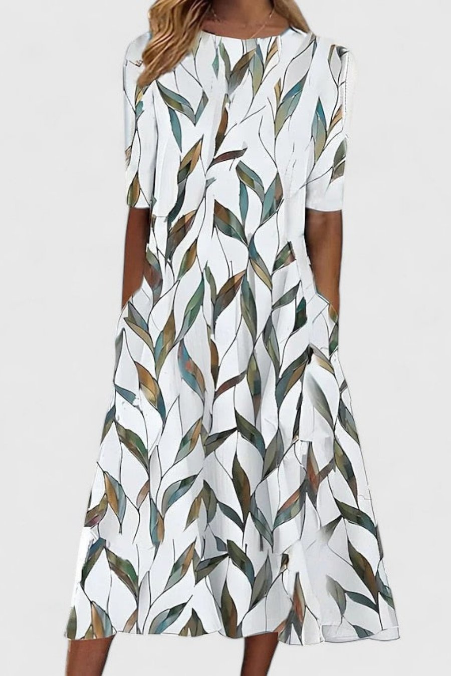 Midi Dress Cotton Round Neck Short Sleeve A-Line Pockets - White 2