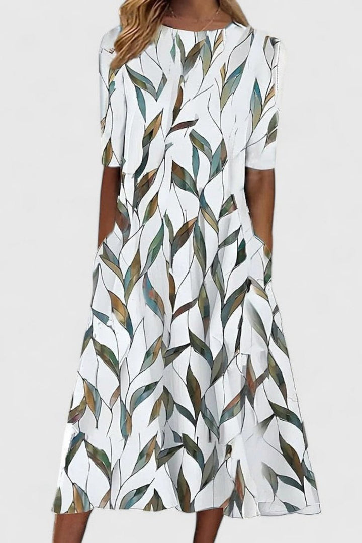 Midi Dress Cotton Round Neck Short Sleeve A-Line Pockets - White 2