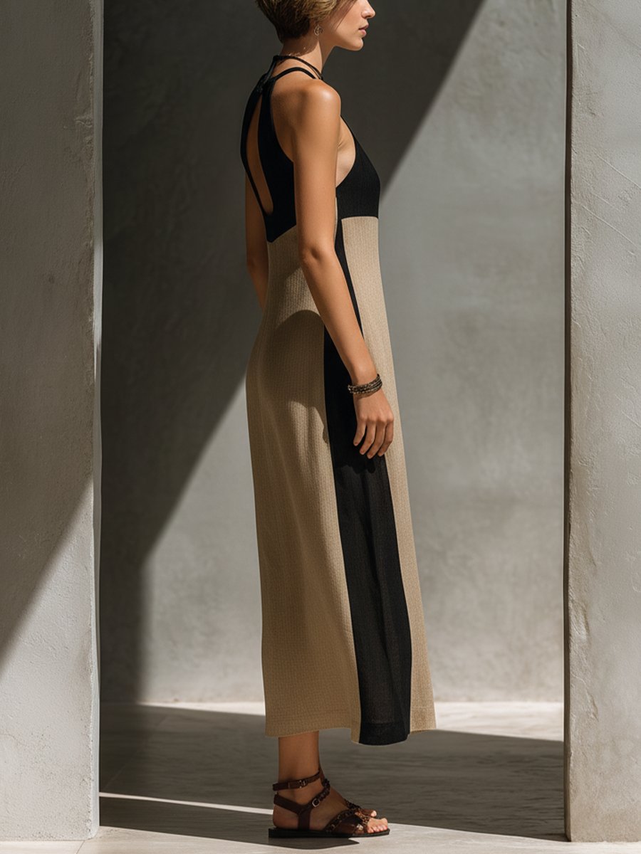 Midi Dress Halter Neck Keyhole Cutout Cotton Blend