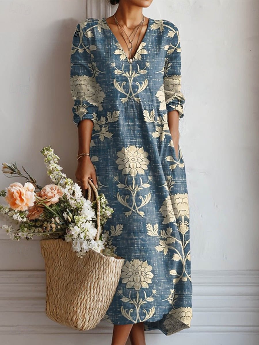 Midi Dress Linen V-Neck Boho Floral Print Pockets 3/4 Sleeve