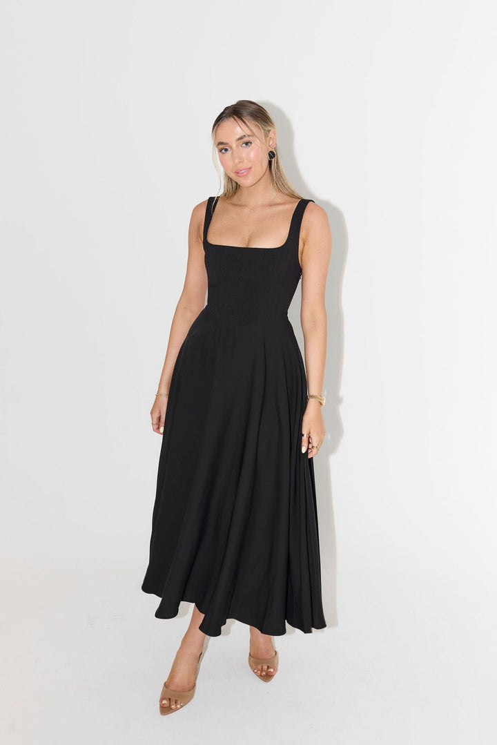 Midi Dress Square Neck A-Line Pleated Sleeveless