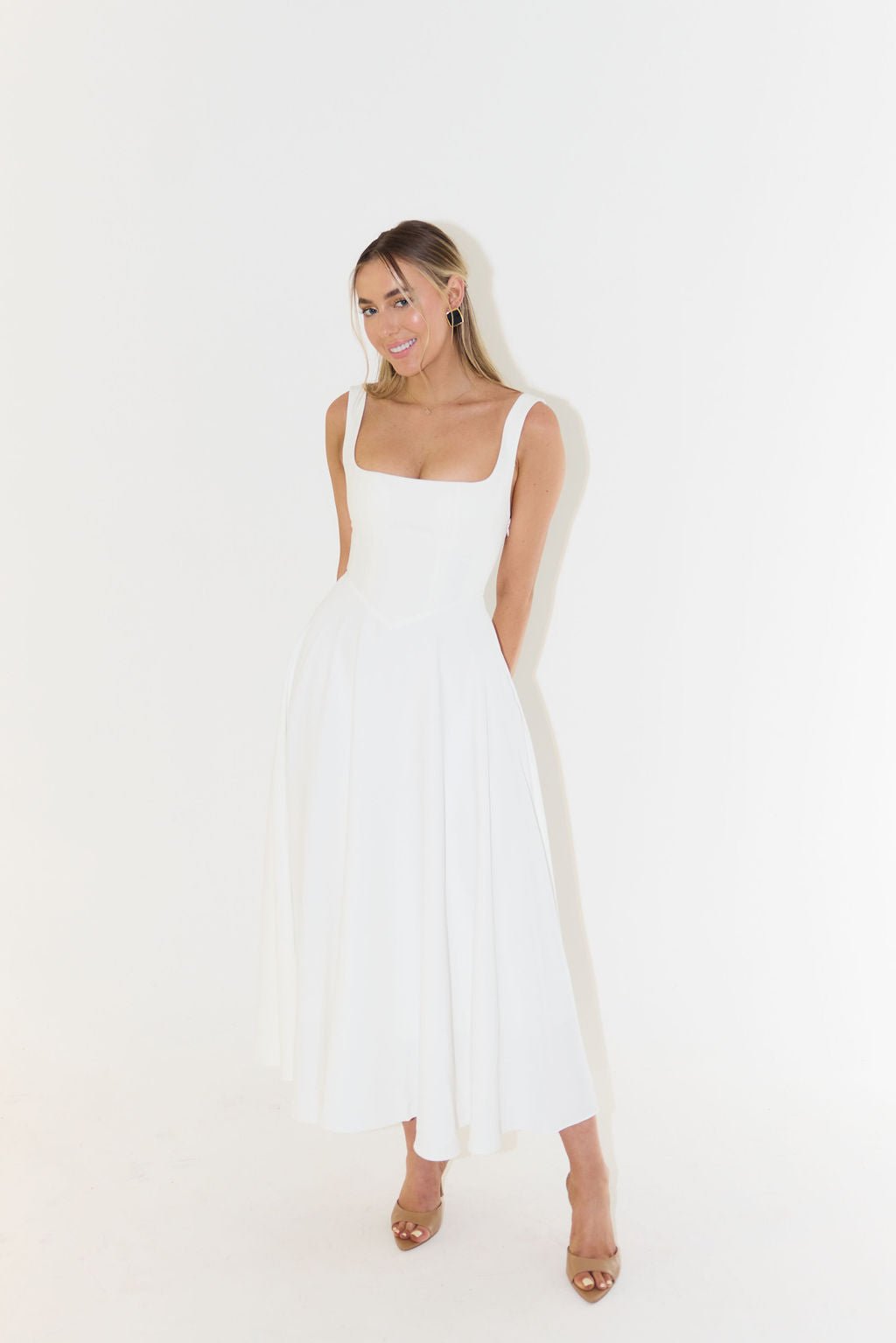 Midi Dress Square Neck A-Line Pleated Sleeveless