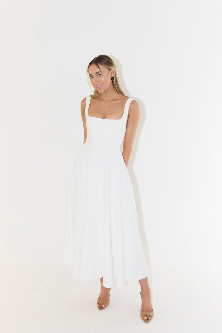 Midi Dress Square Neck A-Line Pleated Sleeveless