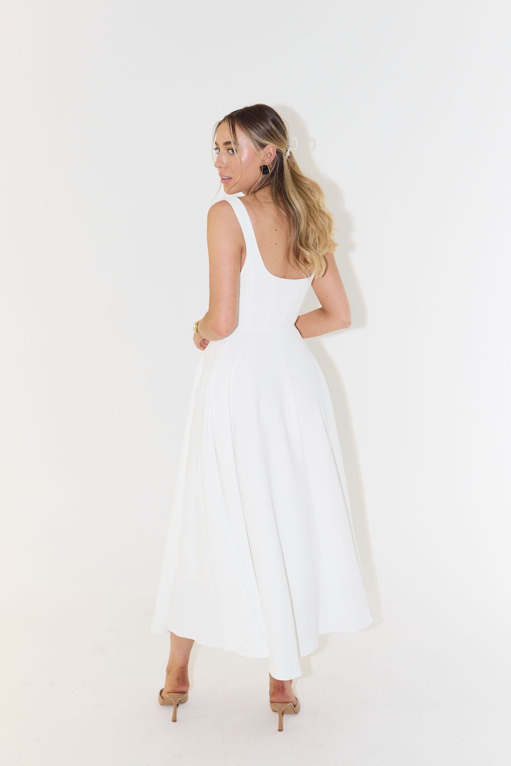 Midi Dress Square Neck A-Line Pleated Sleeveless