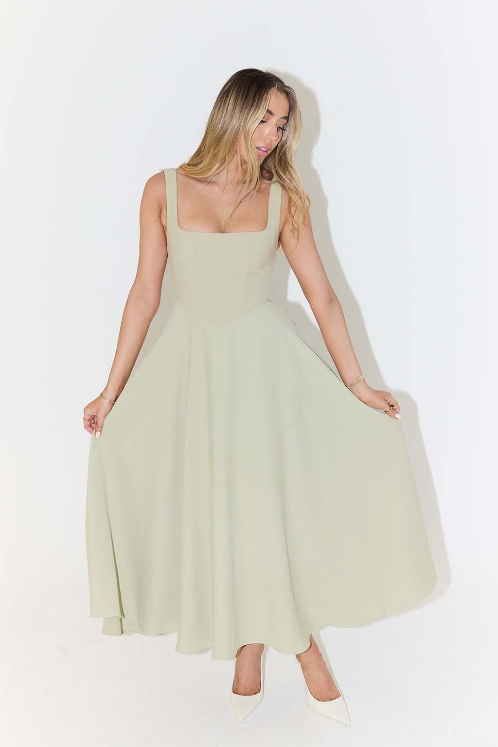 Midi Dress Square Neck A-Line Pleated Sleeveless