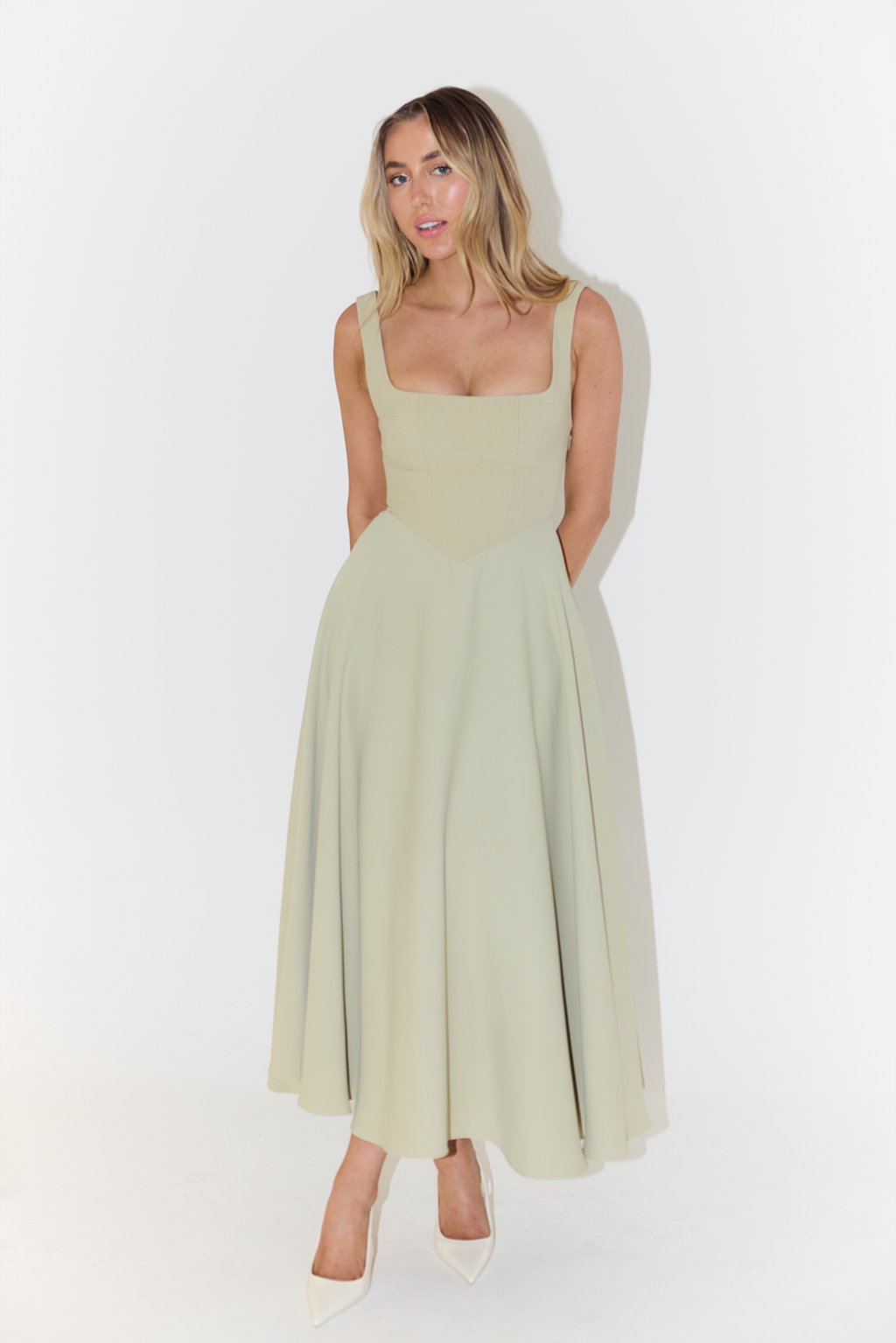 Midi Dress Square Neck A-Line Pleated Sleeveless
