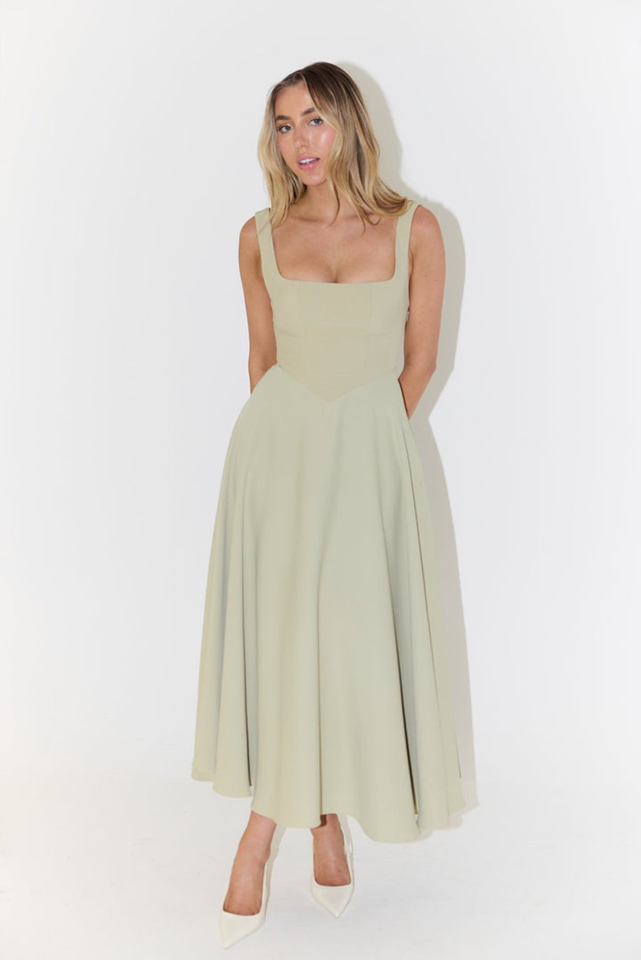 Midi Dress Square Neck A-Line Pleated Sleeveless