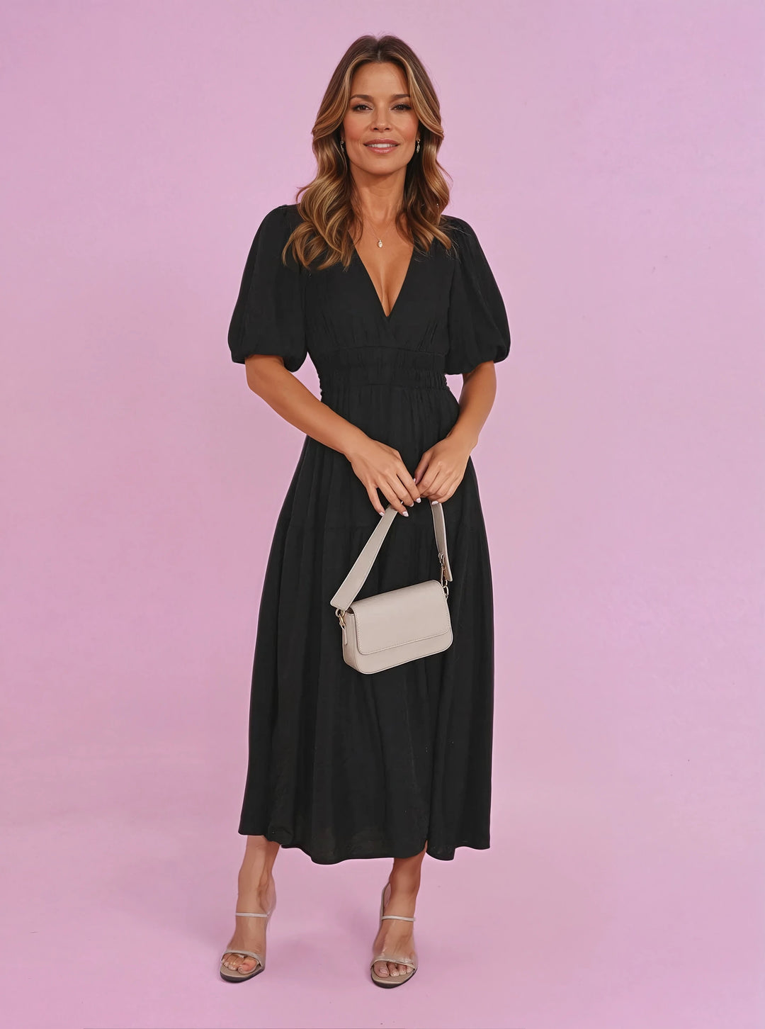 Midi Dress V-Neck Puff Sleeve Smocked Waist