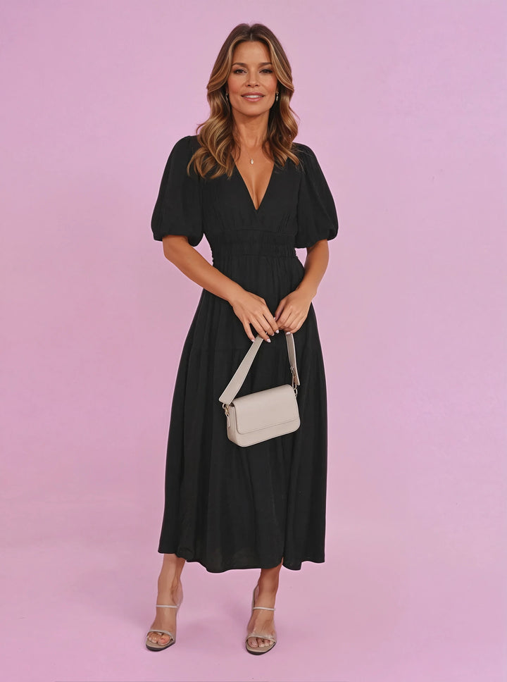 Midi Dress V-Neck Puff Sleeve Smocked Waist
