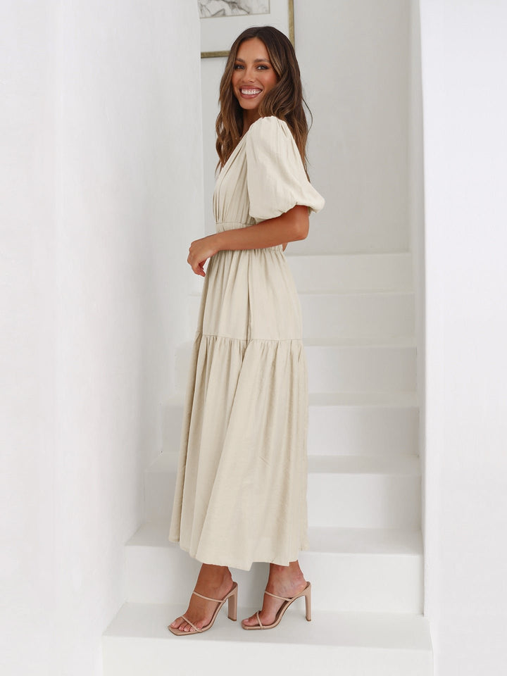 Midi Dress V-Neck Puff Sleeve Smocked Waist