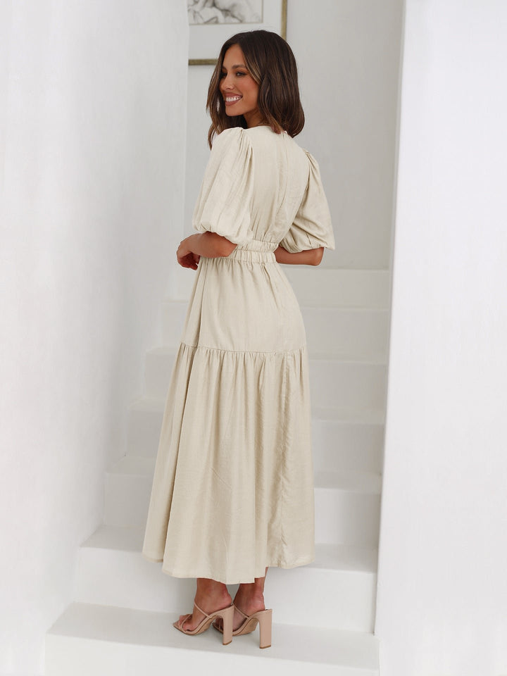 Midi Dress V-Neck Puff Sleeve Smocked Waist