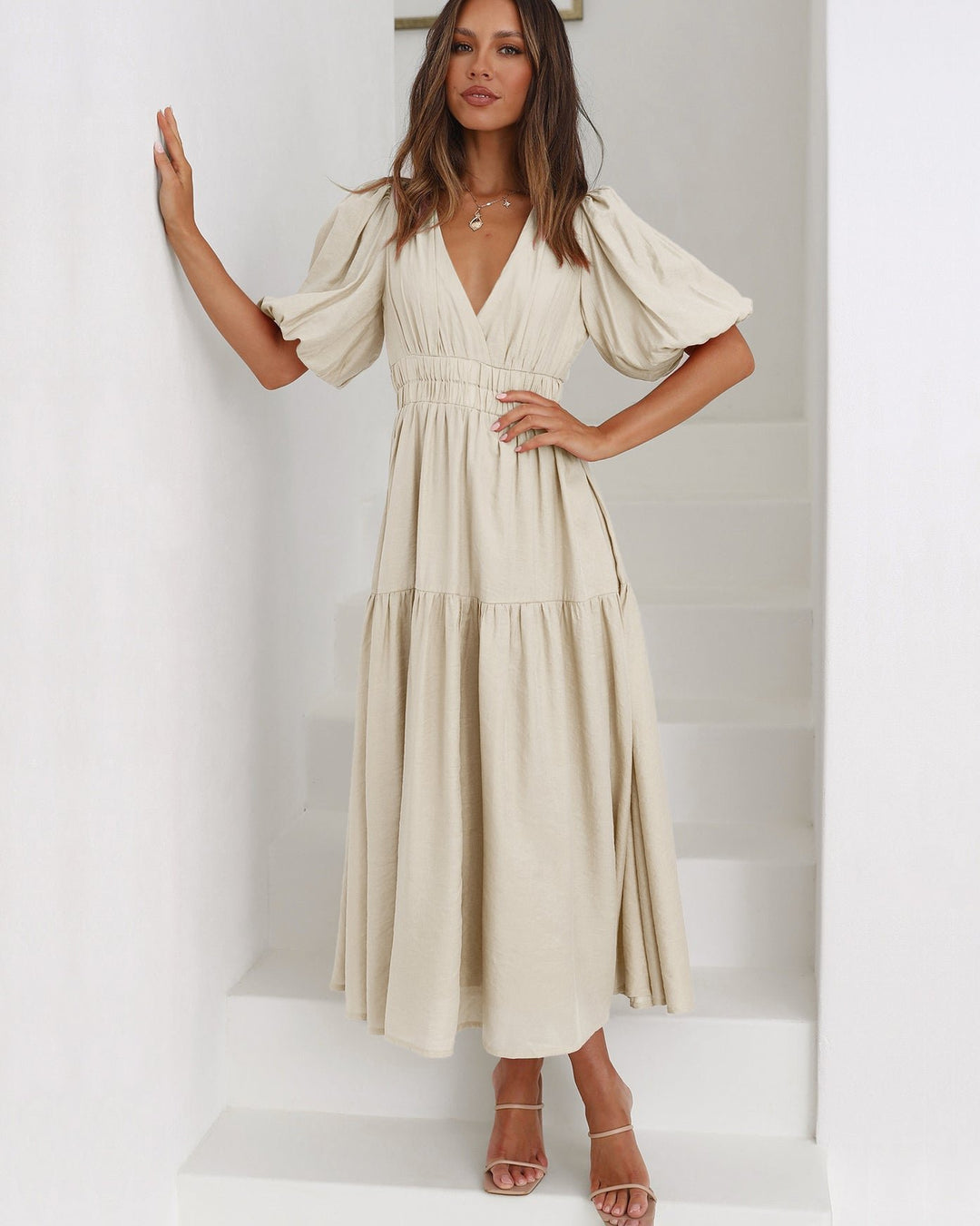 Midi Dress V-Neck Puff Sleeve Smocked Waist - Cream