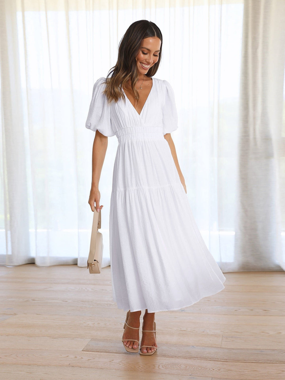 Midi Dress V-Neck Puff Sleeve Smocked Waist - White