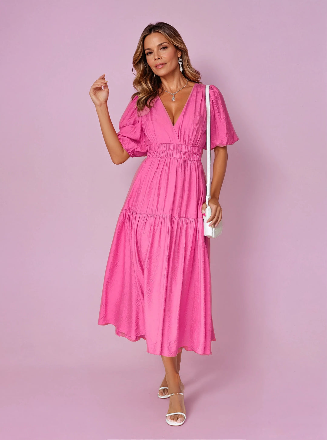 Midi Dress V-Neck Puff Sleeve Smocked Waist
