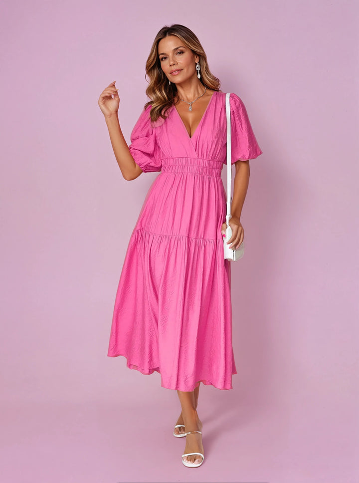 Midi Dress V-Neck Puff Sleeve Smocked Waist