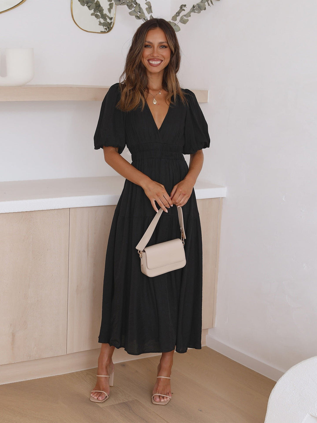 Midi Dress V-Neck Puff Sleeve Smocked Waist - Black