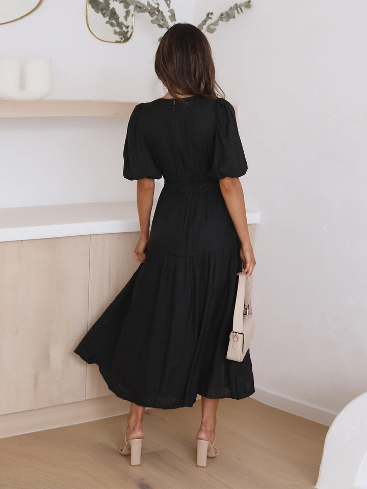 Midi Dress V-Neck Puff Sleeve Smocked Waist