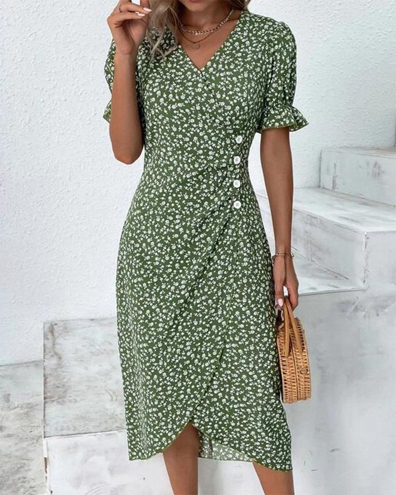 Midi Wrap Dress V-Neck Floral Short Sleeve Button Detail - Green