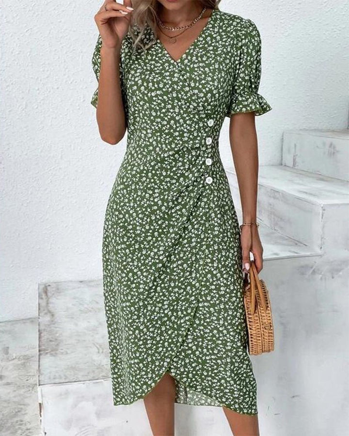 Midi Wrap Dress V-Neck Floral Short Sleeve Button Detail - Green
