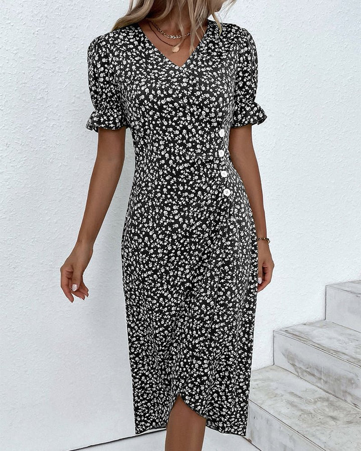 Midi Wrap Dress V-Neck Floral Short Sleeve Button Detail