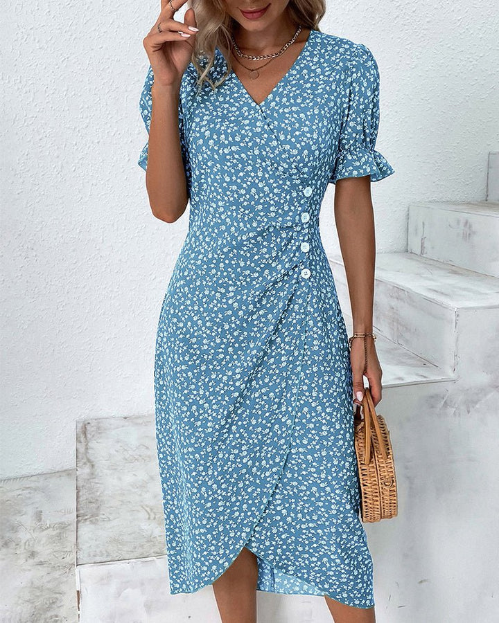 Midi Wrap Dress V-Neck Floral Short Sleeve Button Detail - Blue