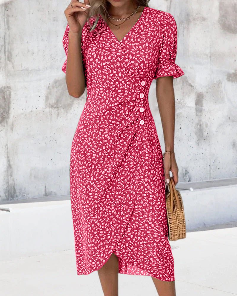 Midi Wrap Dress V-Neck Floral Short Sleeve Button Detail - Red