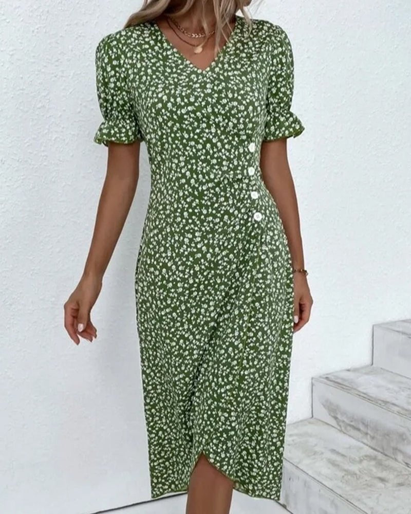 Midi Wrap Dress V-Neck Floral Short Sleeve Button Detail