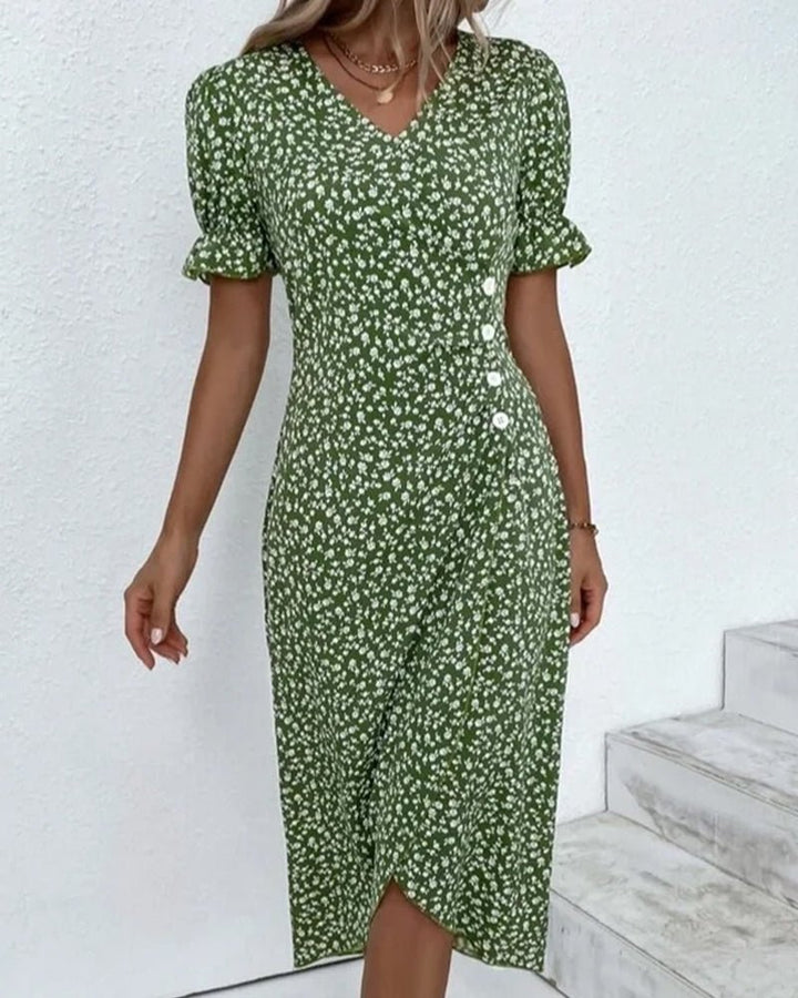 Midi Wrap Dress V-Neck Floral Short Sleeve Button Detail