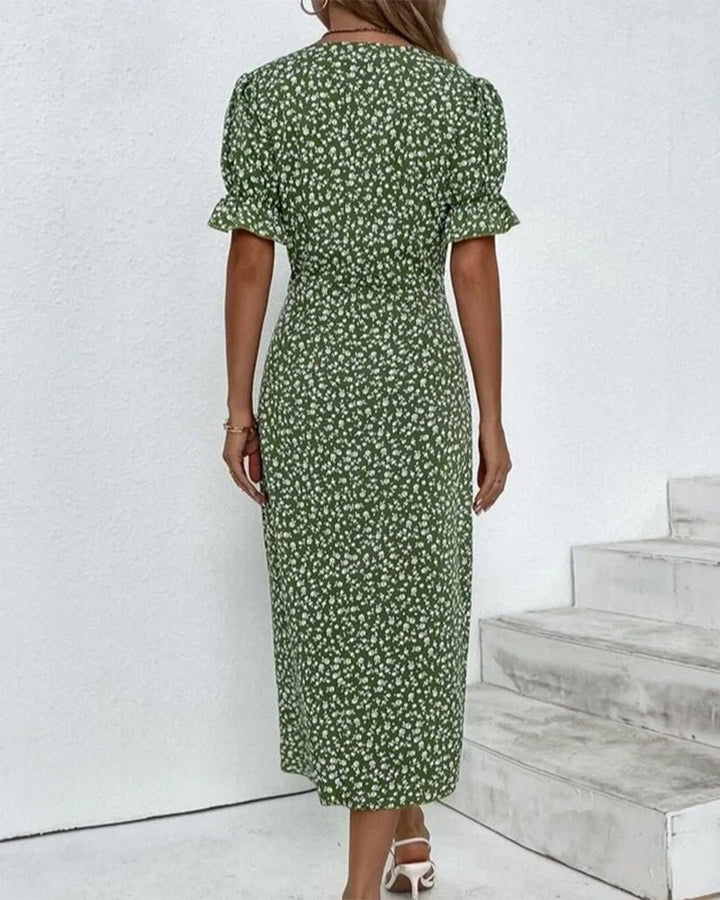 Midi Wrap Dress V-Neck Floral Short Sleeve Button Detail