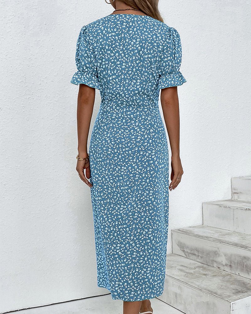 Midi Wrap Dress V-Neck Floral Short Sleeve Button Detail