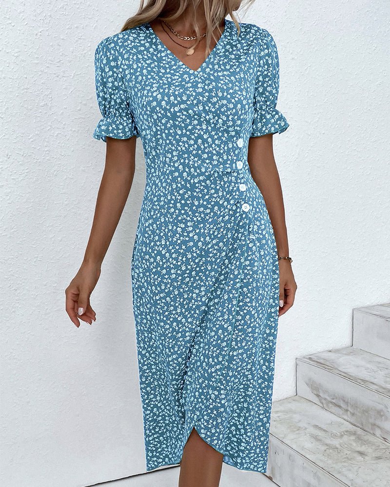 Midi Wrap Dress V-Neck Floral Short Sleeve Button Detail