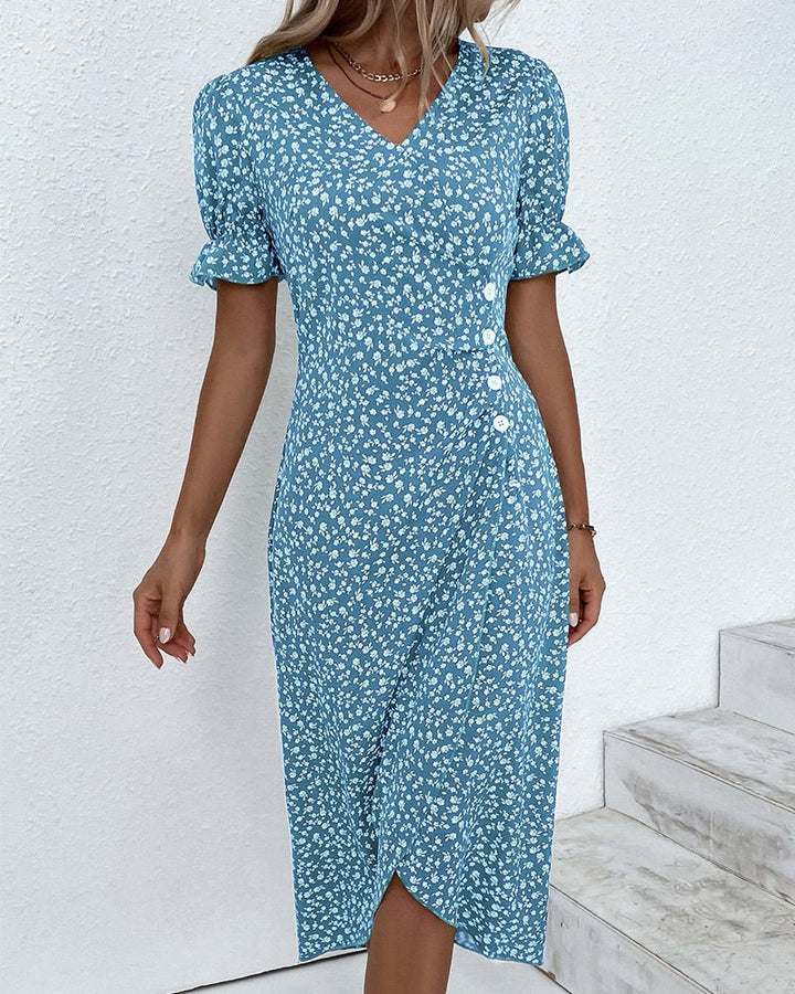 Midi Wrap Dress V-Neck Floral Short Sleeve Button Detail