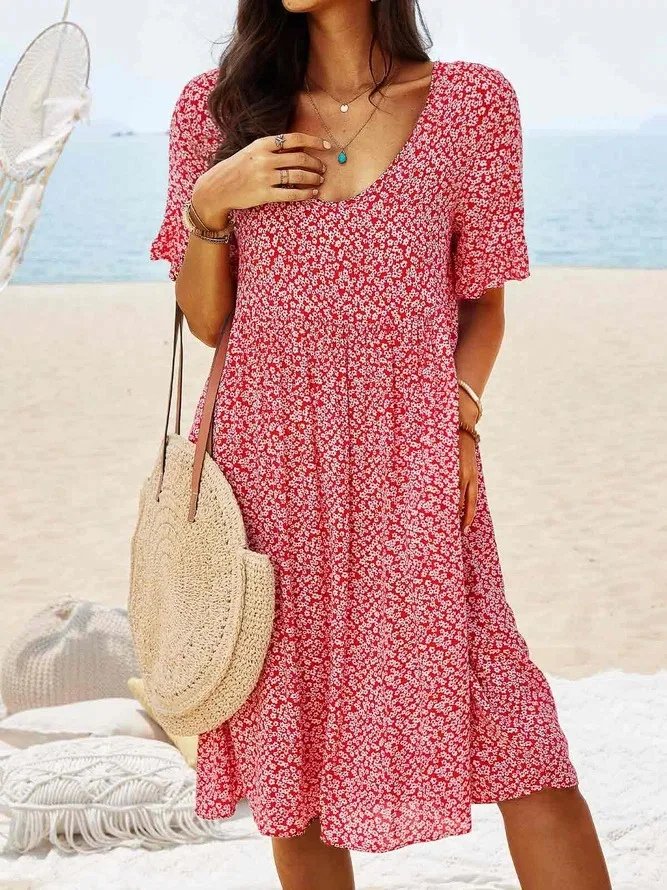Mini Dress Cotton Flutter Sleeves V-Neck A-Line Summer - Red