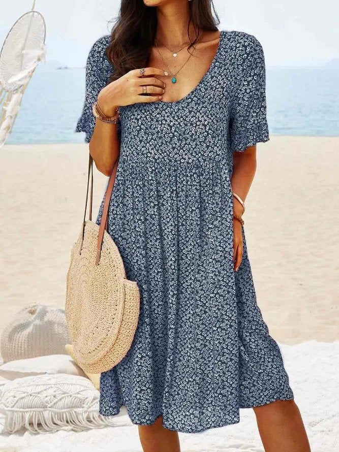 Mini Dress Cotton Flutter Sleeves V-Neck A-Line Summer - Navy