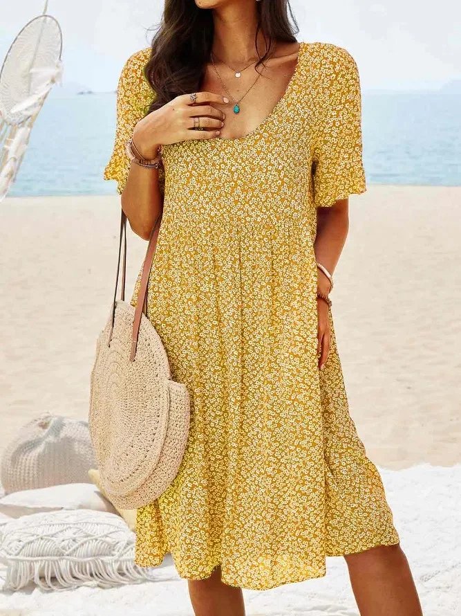 Mini Dress Cotton Flutter Sleeves V-Neck A-Line Summer - Yellow