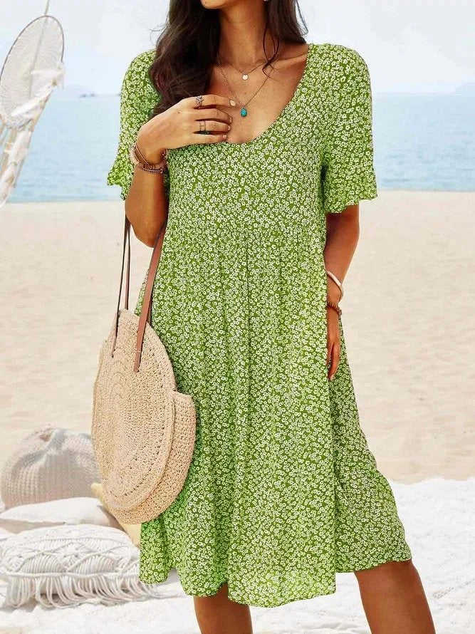 Mini Dress Cotton Flutter Sleeves V-Neck A-Line Summer - Light Green