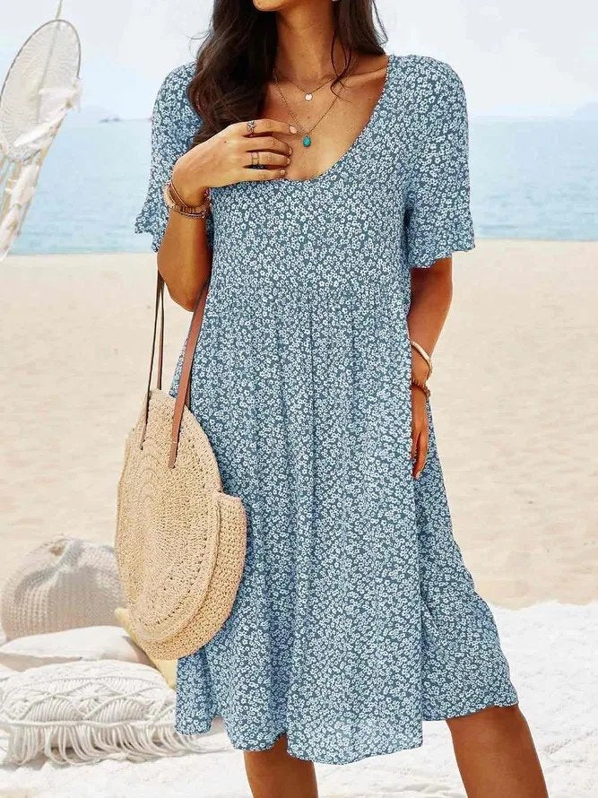 Mini Dress Cotton Flutter Sleeves V-Neck A-Line Summer - Steel Blue