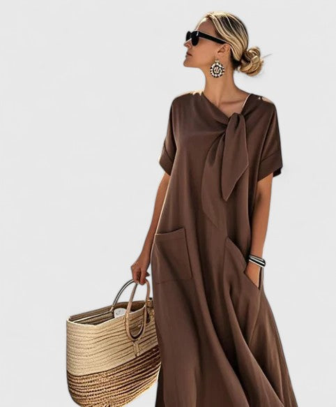 Elizabeth | Womens Loose Pocket Tie Neck Midi Dress