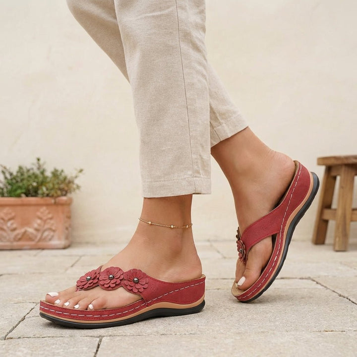 Orthopedic Flip-Flops Floral Wedge Heel Comfort Sandals - Red