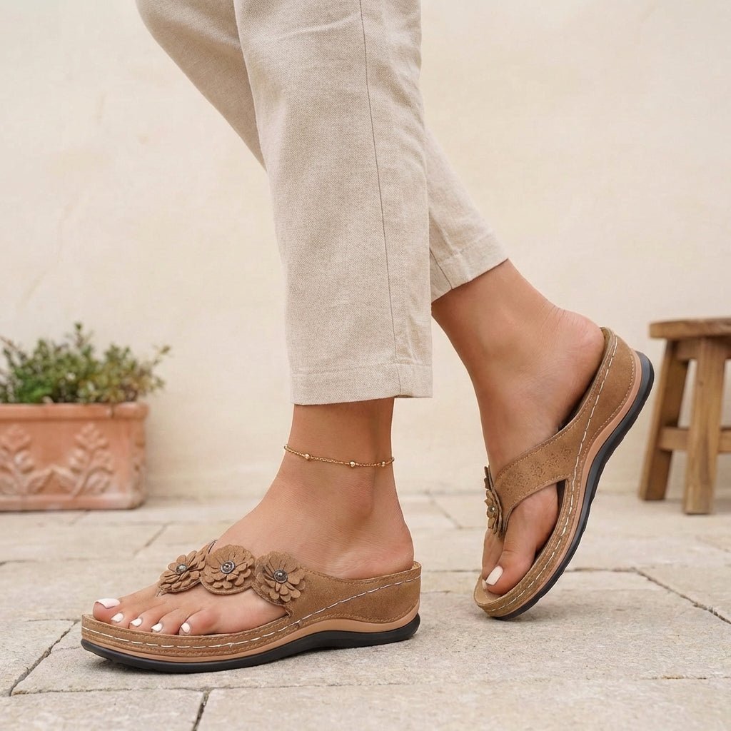 Orthopedic Flip-Flops Floral Wedge Heel Comfort Sandals - Brown