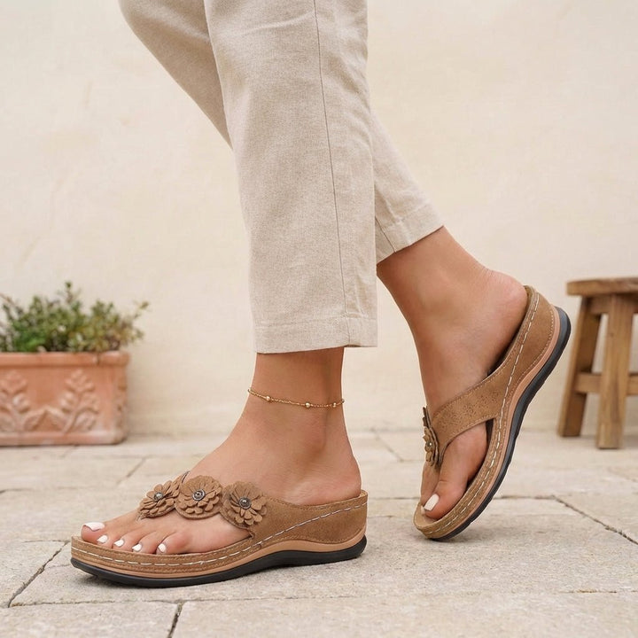 Orthopedic Flip-Flops Floral Wedge Heel Comfort Sandals - Brown