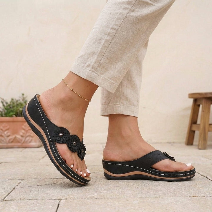 Orthopedic Flip-Flops Floral Wedge Heel Comfort Sandals - Black