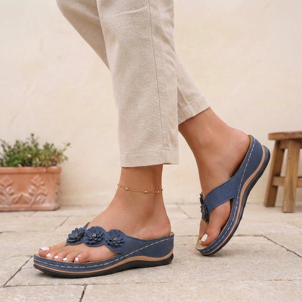 Orthopedic Flip-Flops Floral Wedge Heel Comfort Sandals - Blue