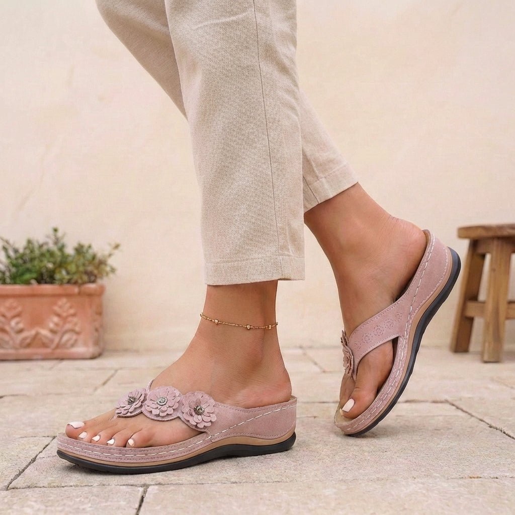 Orthopedic Flip-Flops Floral Wedge Heel Comfort Sandals - Pink